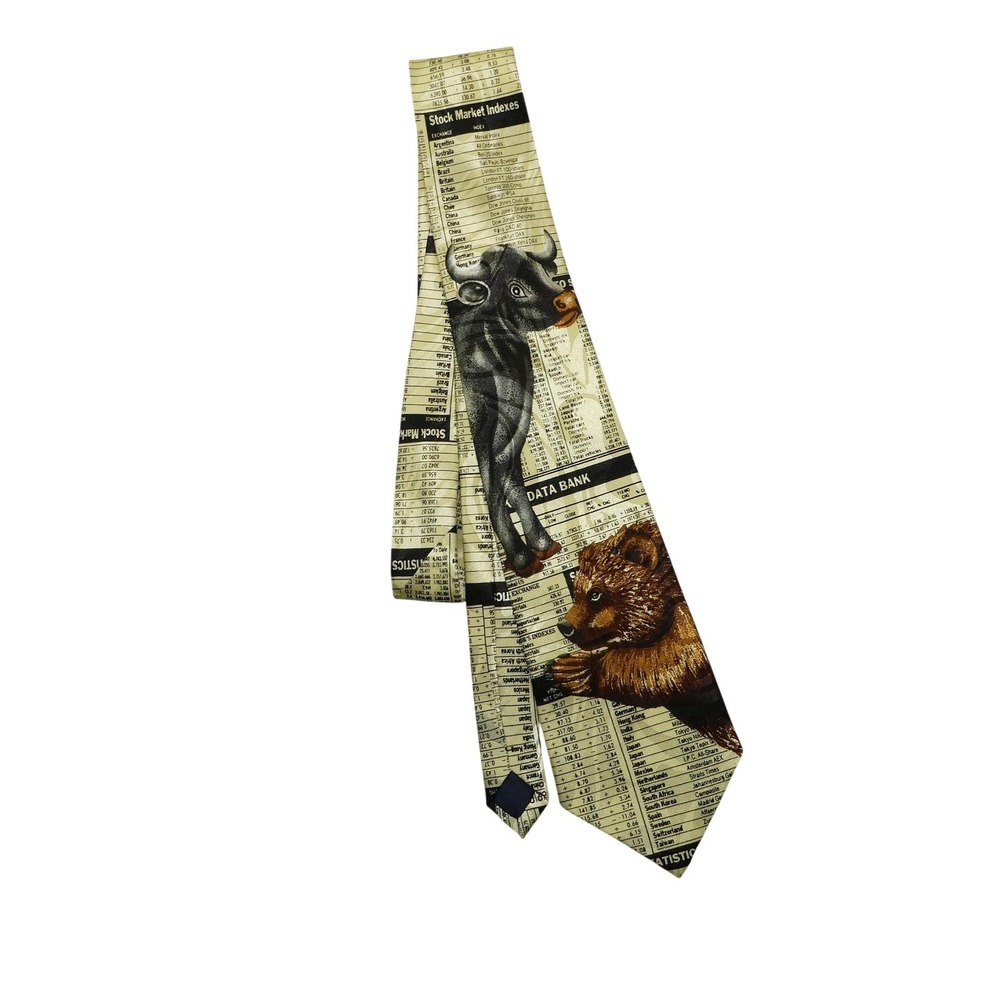 Steven Harris Tie Mens One Size Beige Stock Market Bull Bear Novelty Necktie